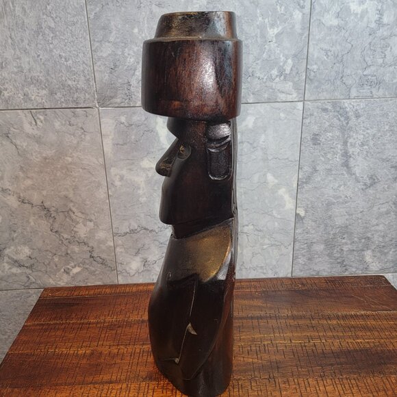 Easter Island, Rapa Nui, Hand-Carved Wooden Moai 15" , with Glyphs on Back - Picture 5 of 8